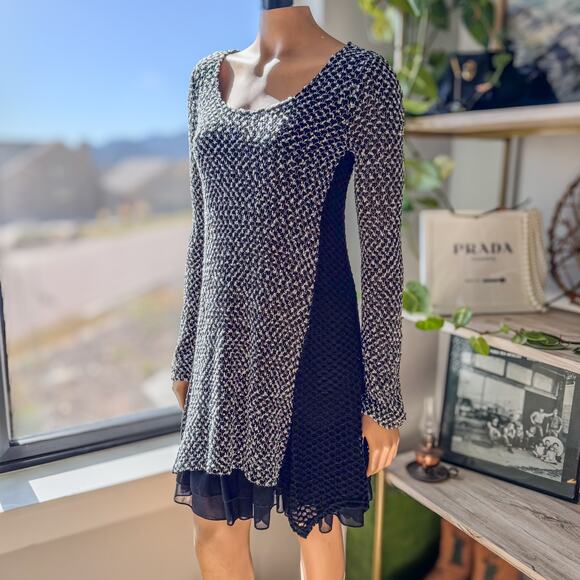 A’reve Anthologie Black & White Sweater Dress Layered Textured Knit Mesh, Medium - Picture 4 of 13